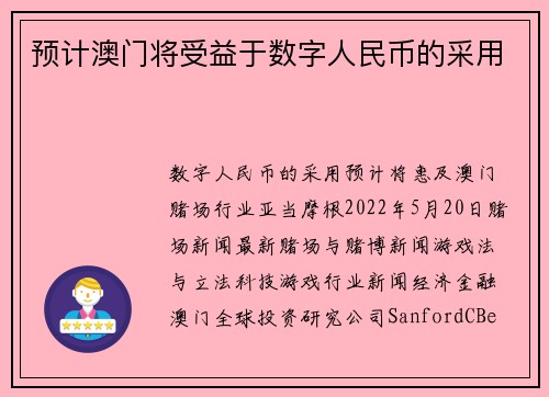 预计澳门将受益于数字人民币的采用